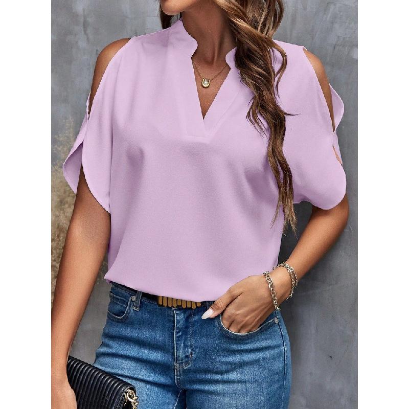 2026 Summer New V-neck Elegant Short-sleeve Fashionable Off-shoulder Women's Solid Color Top