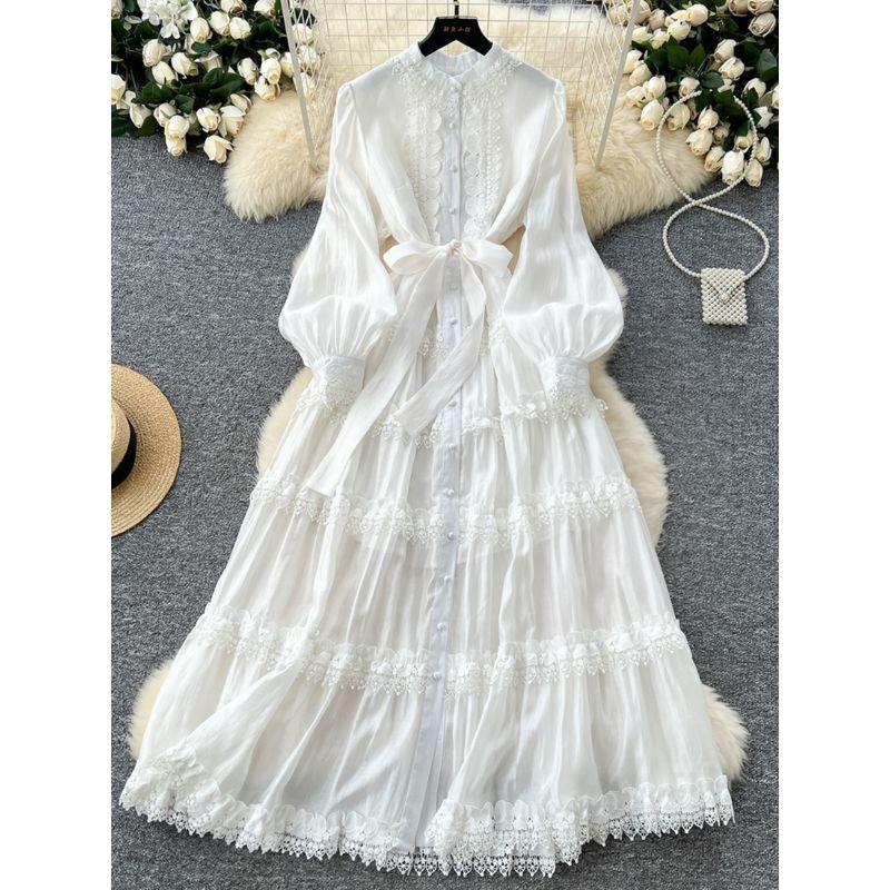 Accessible Luxury French Style Fancy Stand Collar Dress Female Lantern Sleeve Embroider Lace-up Waist-Controlled Design Graceful Long Expansion Skirt