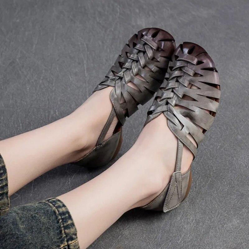 Johnature Sandali traspiranti cavi in vera pelle Scarpe da donna retrò comode e versatili