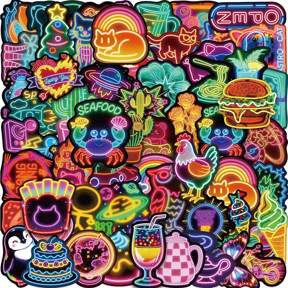 10/30/60pcs Cute Cartoon Animal Food Neon Light Stickers Funny Graffiti Sticker Skateboard Phone Notebook Decals Decoration Toy