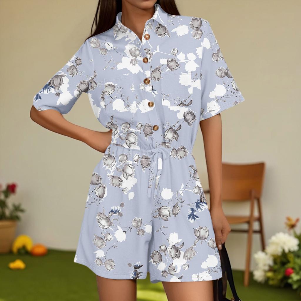 Damenmode V-Ausschnitt Jumpsuit Karomuster Lässig Kurzarm Top Jumpsuit