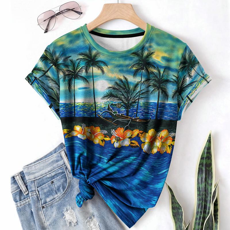 Casual Sports Women's T-shirt Round Neck Short Sleeved Plant Brown Paulownia Tree Breathable Lightweight Shirt