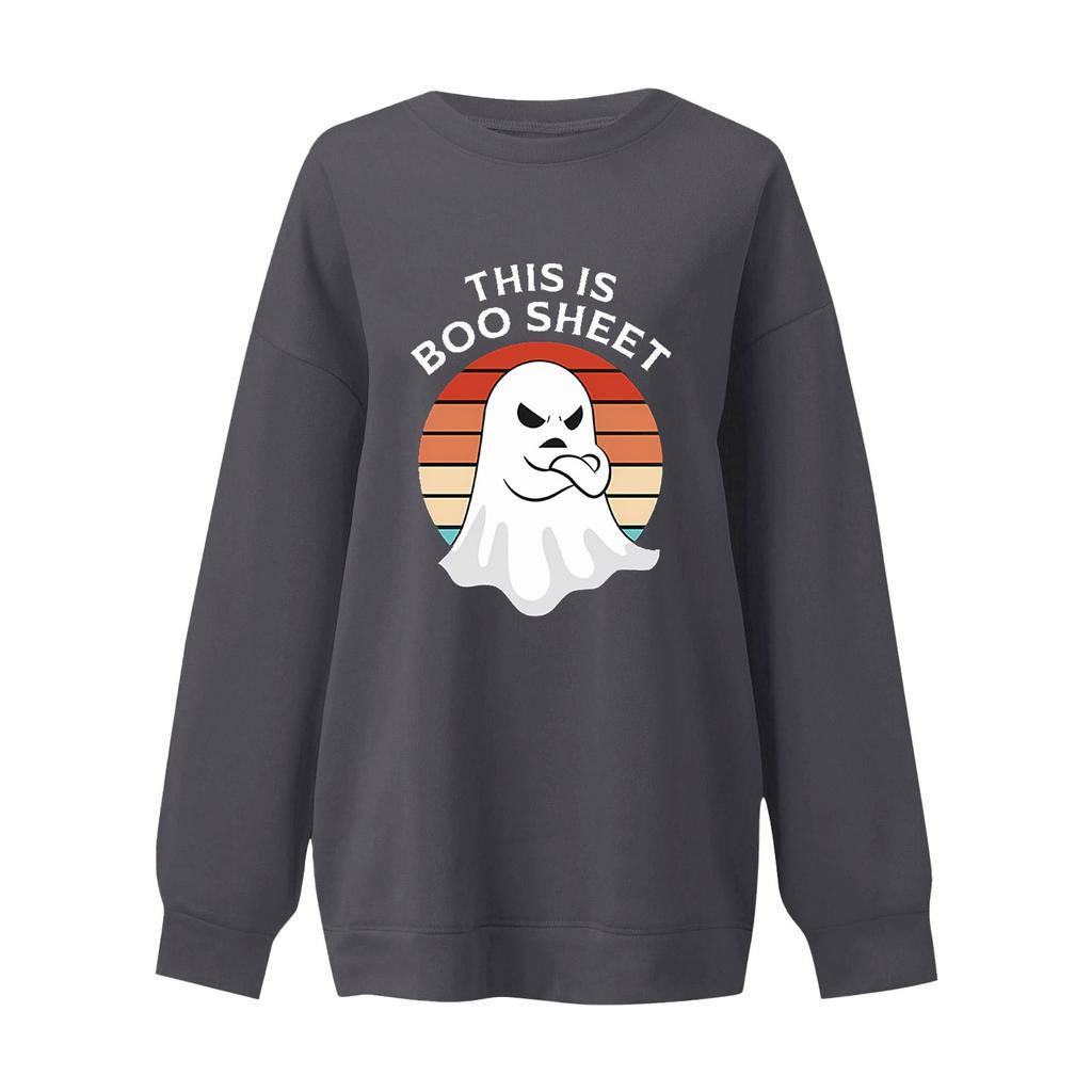 Dámský svetr s kulatým výstřihem, dlouhým rukávem a s padnoucími rameny, s potiskem na Halloween