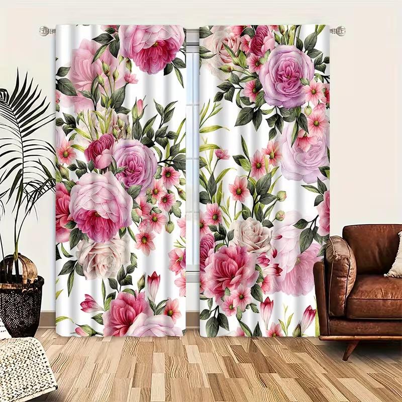 

2 шт. Рожеві штори з принтом троянд, підходять для спальні, вітальні, кухні, декору дому, декору вікна 100*130 Rod Pocket 1pcs