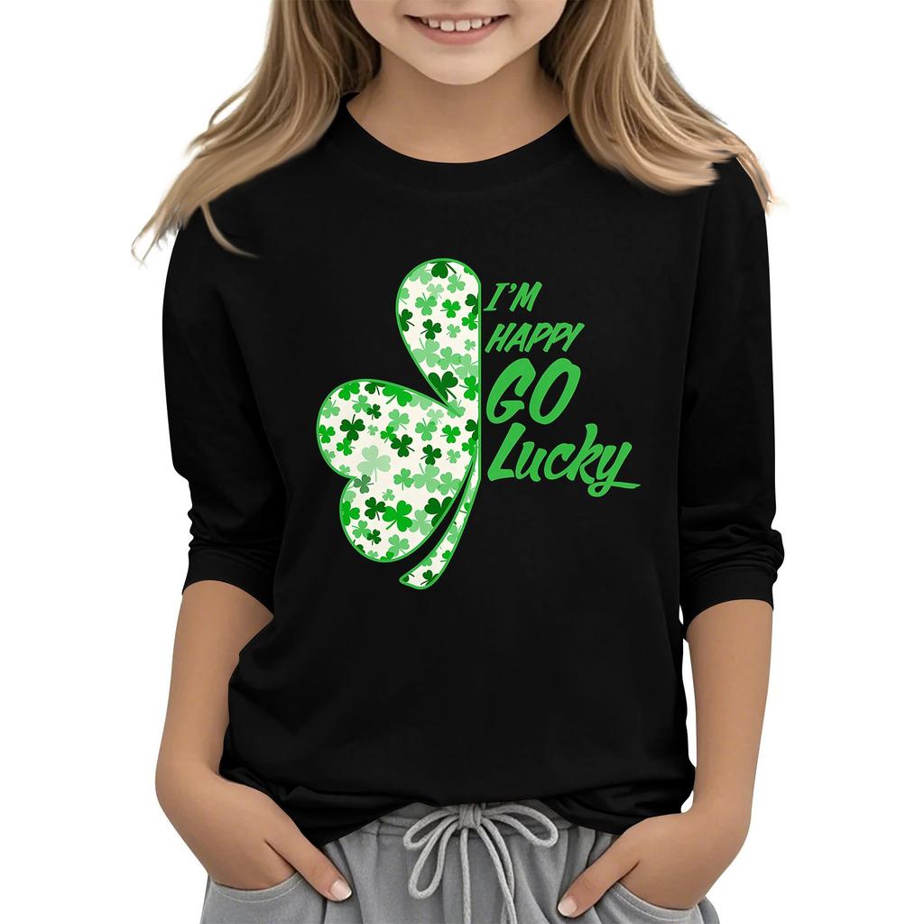 Dziecięcy T-shirt Casual z Nadrukiem na Kołnierzyku na Dzień Świętego Patryka z Rękawem 7/8