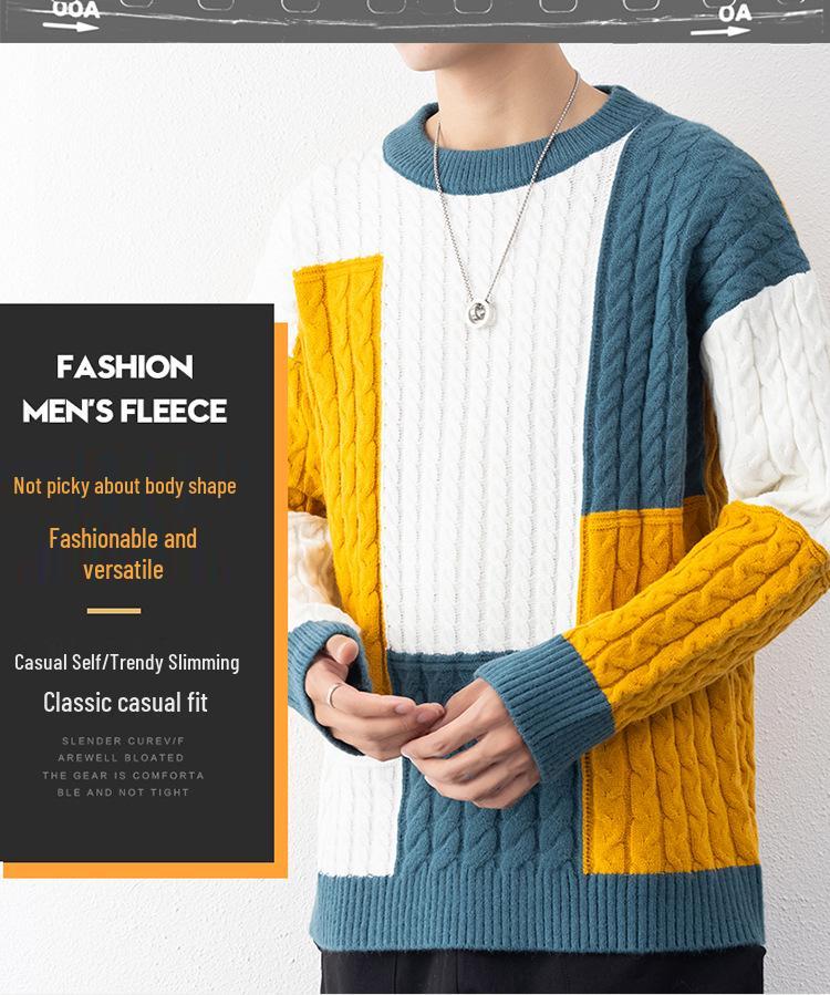 Men's Retro Color Block Slim Fit Sweater - Youthful Lazy Style Round Neck Knitwear Top for Autumn and Winter