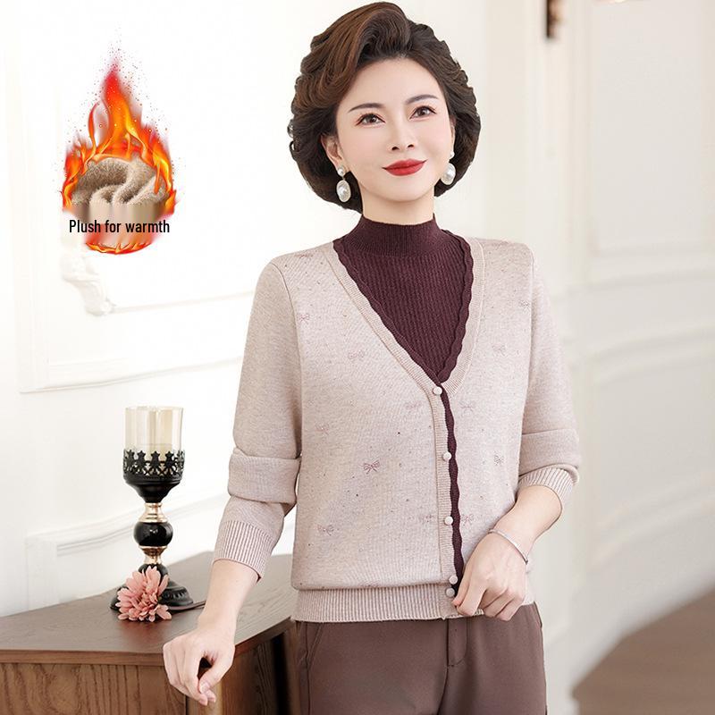 2025 Stylish Winter Top for Middle-Aged & Elderly Women - Fake Two-Piece, Velvet-Lined, Thickened Sweater