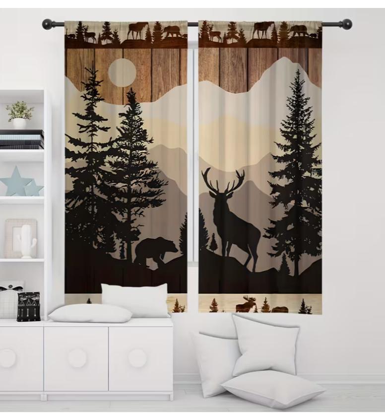 2pcs Rustic Forest Animal Curtains Vintage Bear Transparent Rod Hanging Living Room and Bedroom Decor, Curtains for Living Room