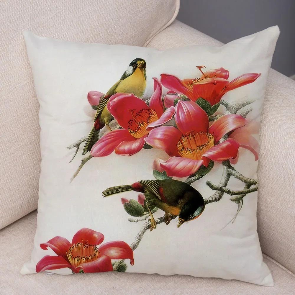 Birds And Flowers Double-sided Printed Pillow Cover Short Plush Suitable Living Rooms Bedrooms Sofas Throw Cushion Cover