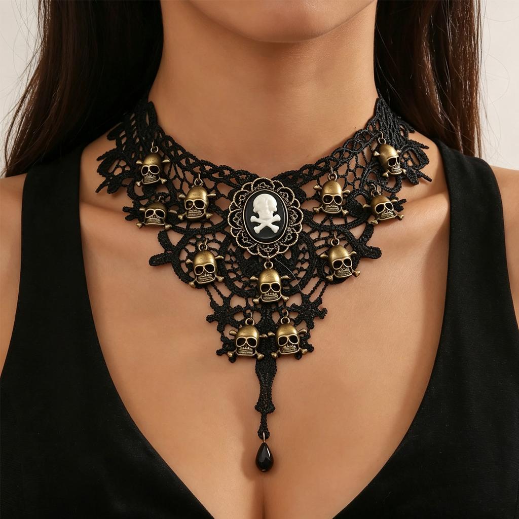 Halloween Black Lace Necklace, Skull Pirate Gothic Clavicle Choker for Women