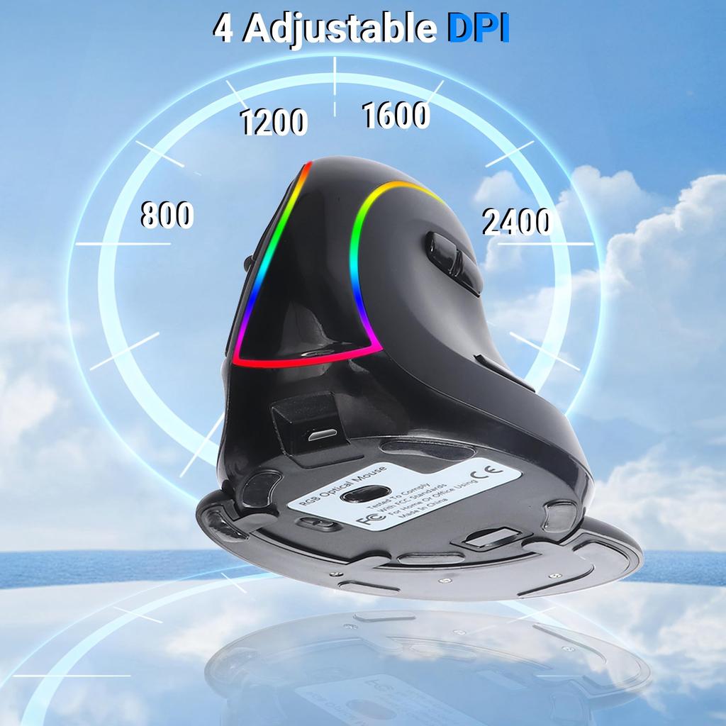 Vertical Wireless Mouse, USB, Bluetooth 5.1 Connection, 3 Modes, Large Size, RGB Lighting, Silent Operation, Rechargeable, 7 Buttons, Ergonomic