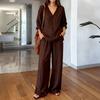 Women Linen 2 Piece Sets Summer Long Sleeve V Neck Shirts Matching Wide Leg Pants Lounge Sets Casual Beach Vacation Outfits