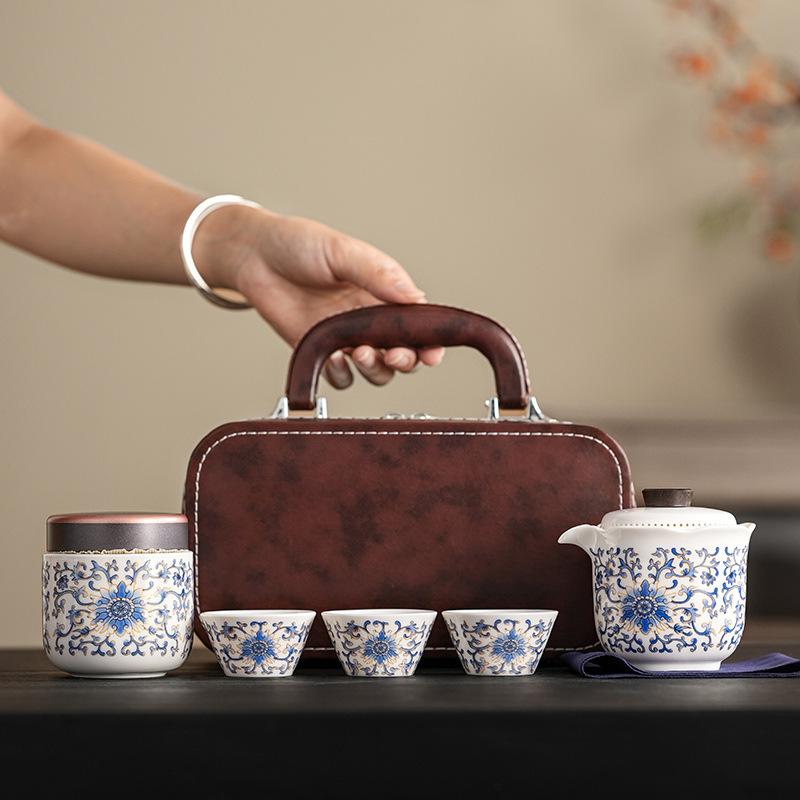 Outdoor Camping Kuaike Cup Travel Tea Set Tianxiang Peony Hand Grab Pot Guochao Dehua White Porcelain Set Company