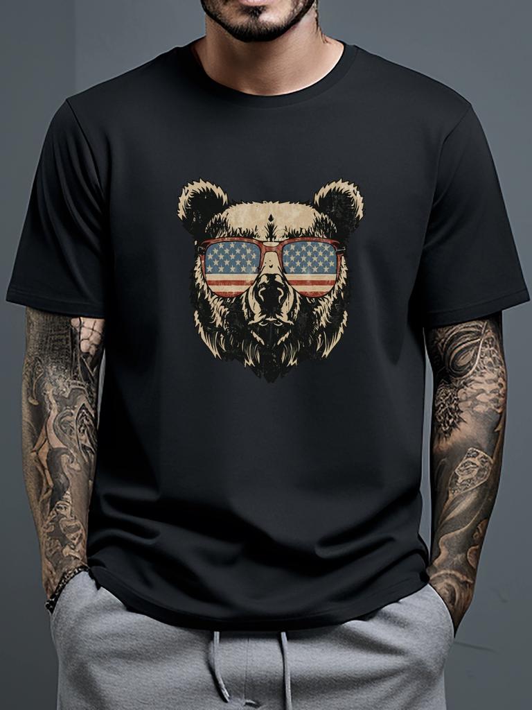 Bär mit amerikanischer Flagge T-Shirt Casual Harajuku O-Ausschnitt Streetwear Hip Hop Vintage Kurzarm 100% Baumwolle Tägliche Mode Tops