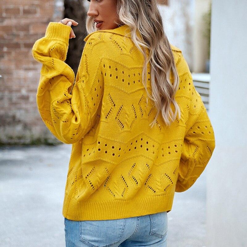 Sweaters Women 2023  Autumn Winter Sexy Hollow Out Pullovers Polo Collar Long Sleeve Knitted Tops Solid Loose Clothes 28441