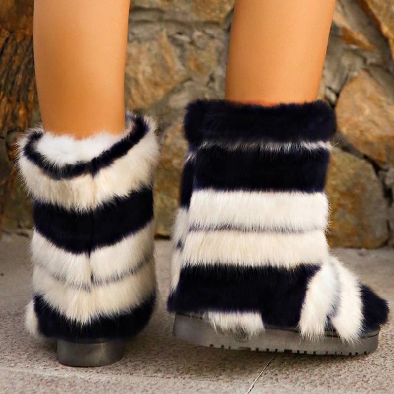 Fashion Black White Striped Snow Boots Women Soft Furry Keep Warm Snow Boots for Woman Winter 2025 Non Slip Short Plush Botas Lady