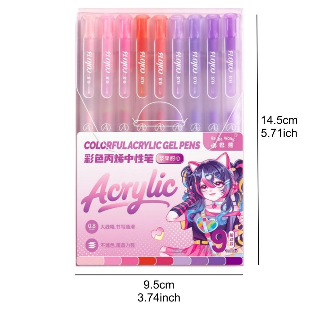 9pcs Colorful Acrylic Gel Pens Retractable Highlighters & Drawing Pens Set Anime Pastel Colors Designs 0.8mm Ballpoint A3234