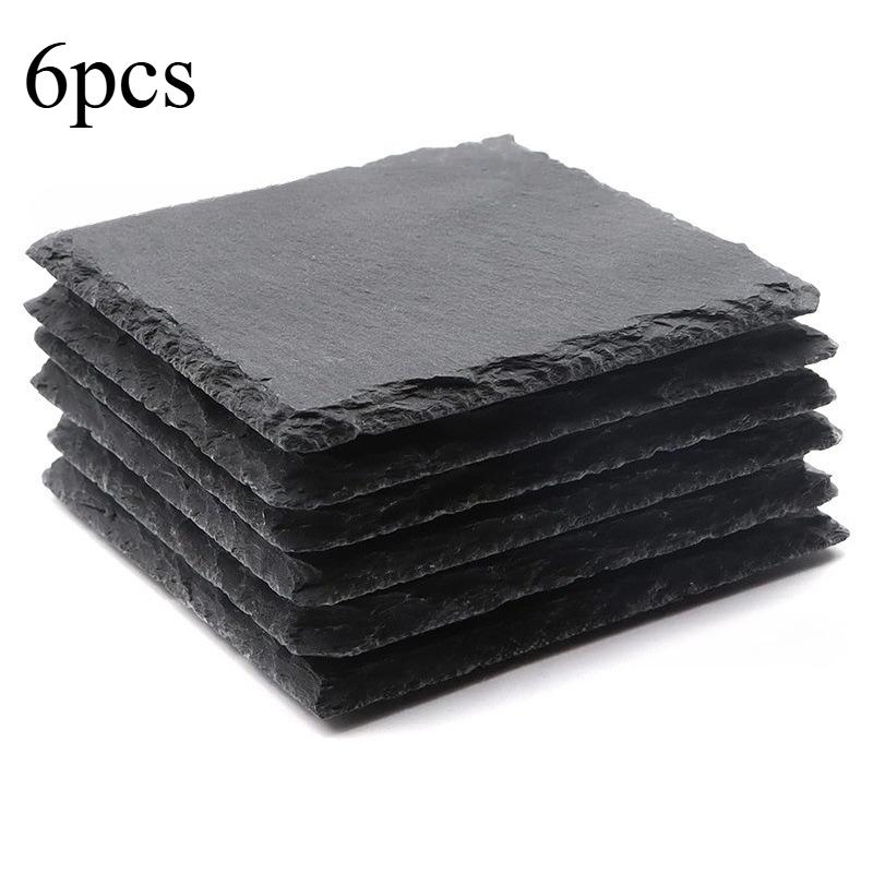 6Pcs Natural Slate Drink Coasters Black Stone Insulation Cup Coaster for Coffee Table, Home Kitchen, Bar