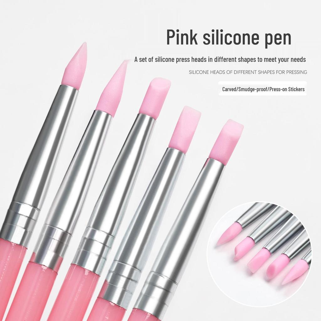 5-Piece Pink Silicone Nail Art Pen Set for Carving, Embossing, Gradient, and Mirror Powder Blending