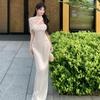 Apricot Dress Women's Summer High Sense Socialite Banquet Evening Dress Heavy Industry Sequined Satin Tube Top Hip-wrapped Dress