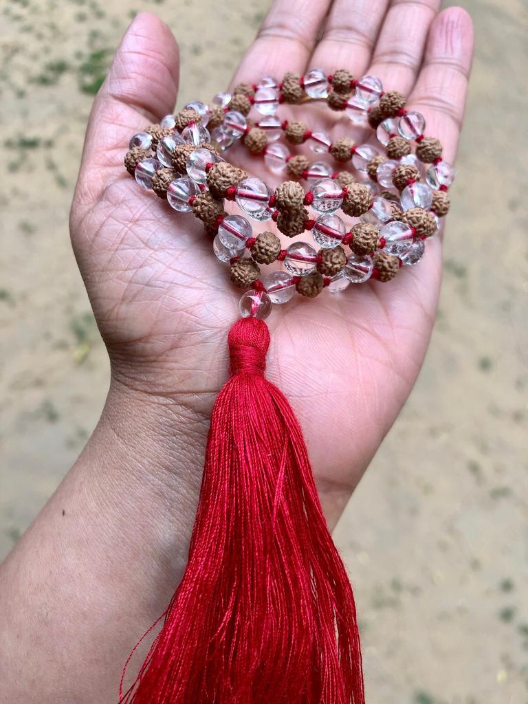 Indian Origin Rudraksha + Sfatik/ Sphatik Mala 108+1 Bead 5 mukhi 5 faces Lord Shivas Rosary Jaap Mala Yoga Prayer Healing Meditation 6 mm