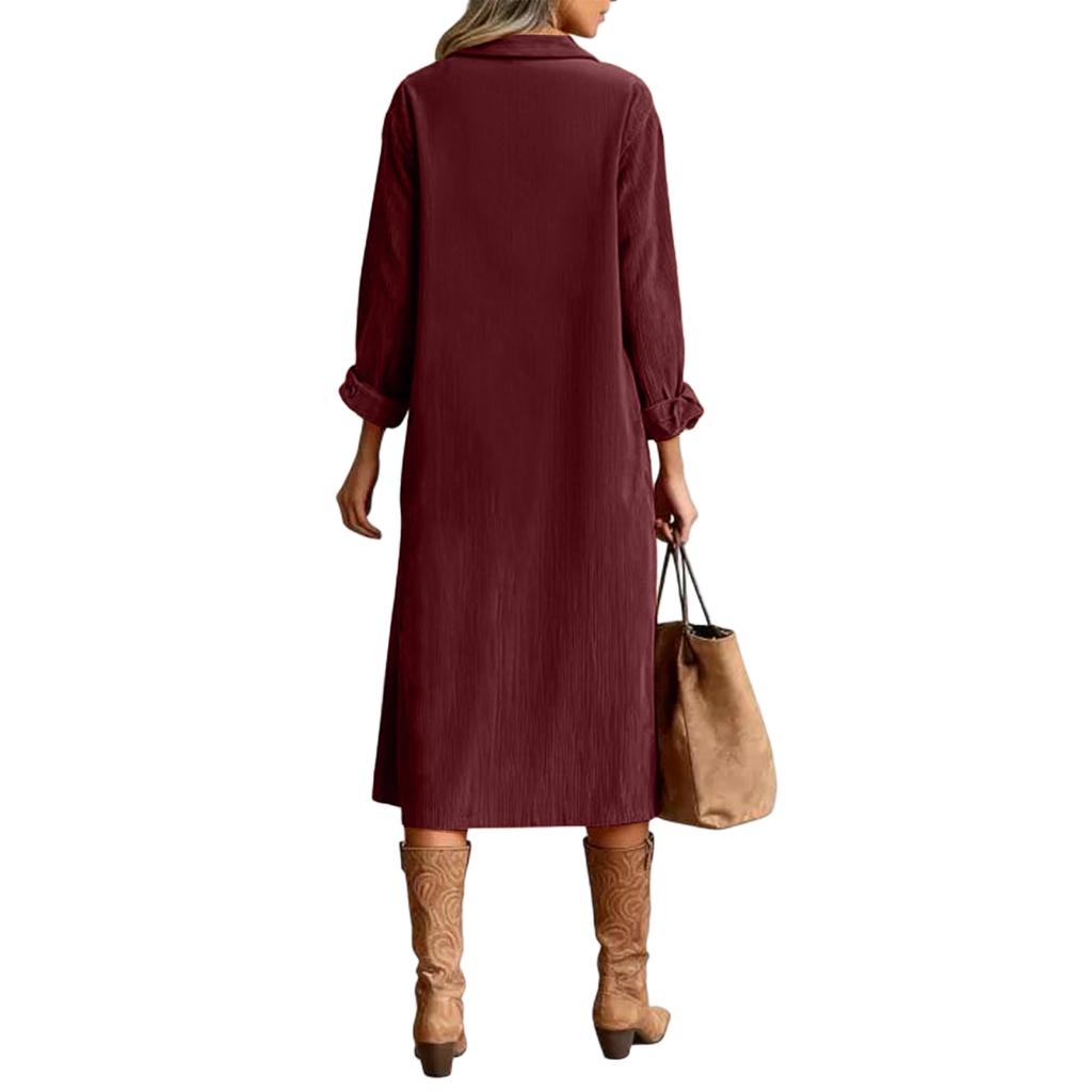Women's Fashion Casual Color Corduroy Long-sleeved Dress With Lapel Shirt , Loose Long Skirt