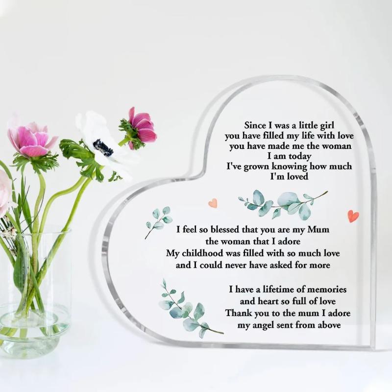 2D Flat Mom Gift Acrylic Heart Desktop Decoration Plaque, Home Decor Plaque Hanging Wall Art Decorative Garden Decoration for Room Door Signs Hanging