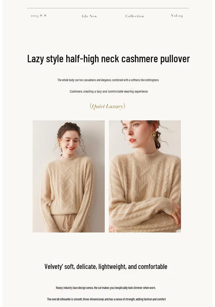 Autumn-Winter Cashmere Double-Strand Thickened Half-High Collar Cable Knit Pullover Sweater