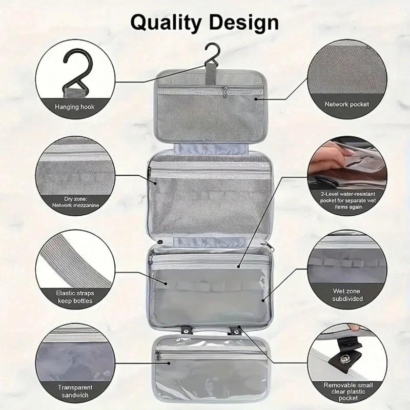 1pc Multi-Color Hanging Toiletry & Makeup Organizer Bag with Dry/Wet Separation – Gray, Navy Blue, Pink Four Color