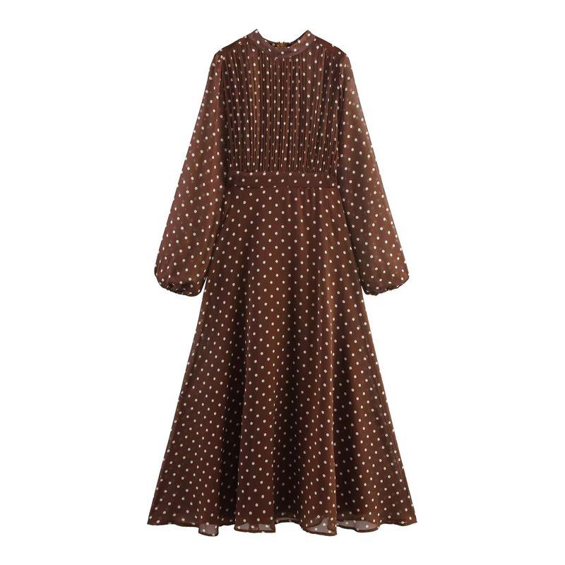 Kaslead New Women Clothes Western Style Simple Retro Style Polka Dot Lantern Sleeve Long Sleeve Dress