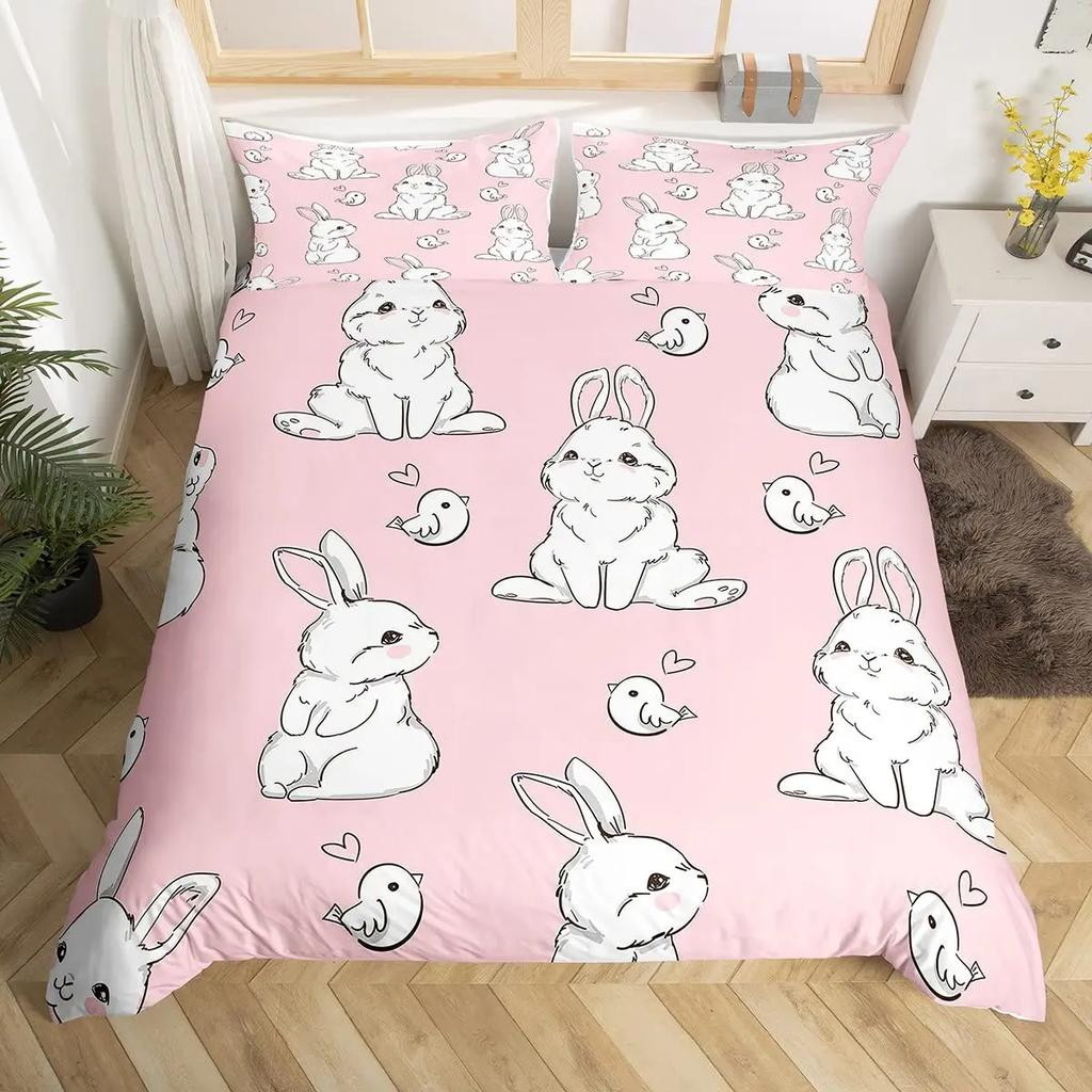 3D Rabbit Duvet Cover Set Full Queen Size Cute Farm Animal Butterfly Bedding Set For Girls Teal Blue Watercolor Comforter Cover