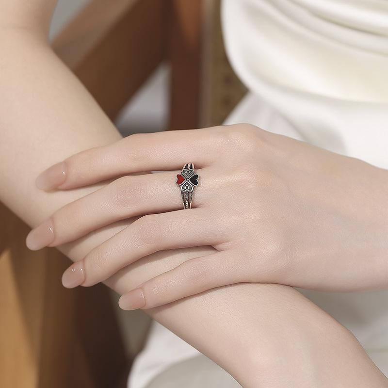 Aishang High-End Clover Heart-Shaped Enamel Vintage Distressed Trendy Niche Open Ring Direct Sale