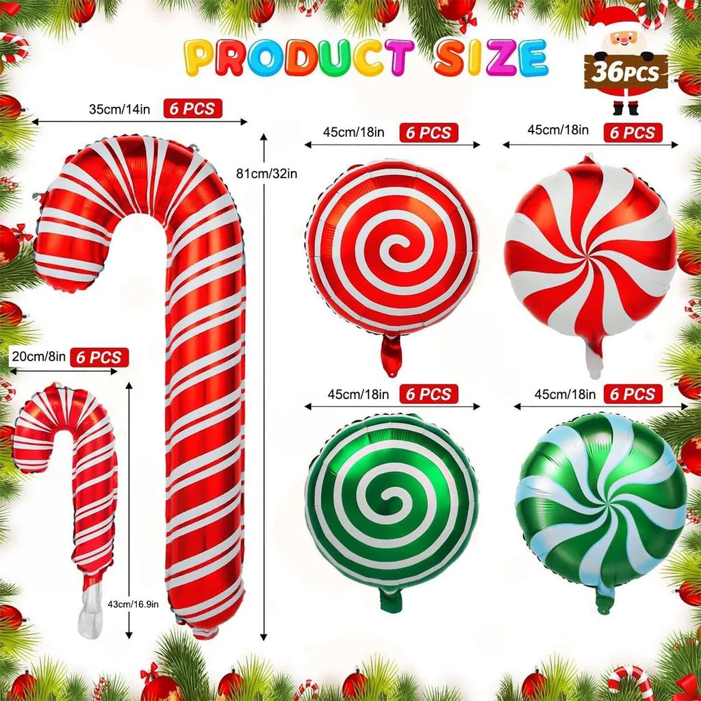 Christmas Candy Balloons Kit Cane Swirl Candy Foil Balloons Red Green Mylar Sweet Candies Balloons for Christmas Birthday