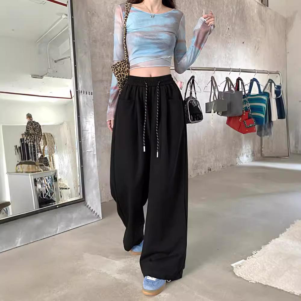 Drawstring High Waist Wide-leg Pants Straight Draped Floor Pants for Women's Autumn New Style Loose Lazy Style Casual Long Pants for Women