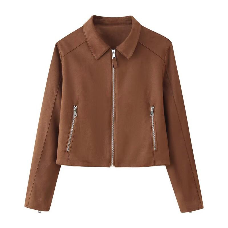 2026 Womens Fashion Zip-Up Short Jacket Solid Color Street Style Polo Collar Casual Outerwear