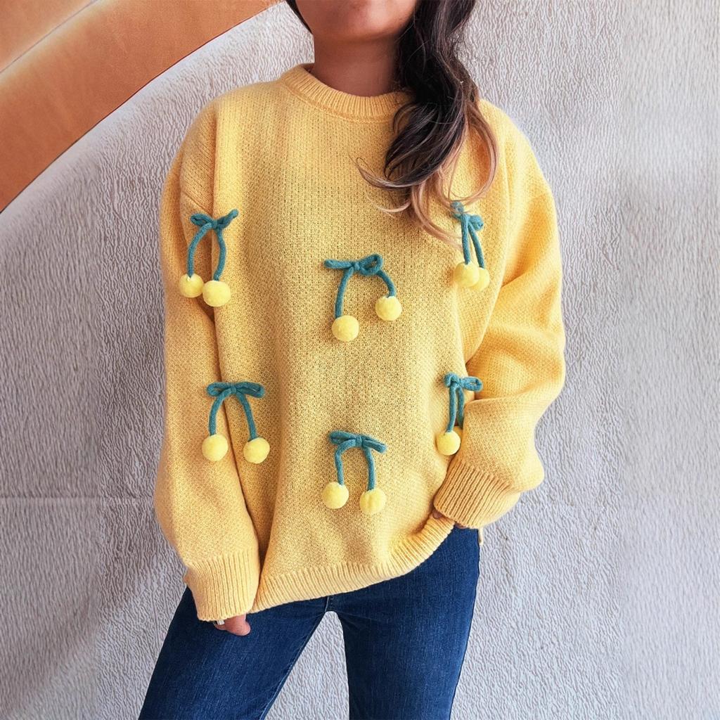 Women's Solid Color Knitted Pullover Sweater With Round Neck Splicing And Three-dimensional  Sweater