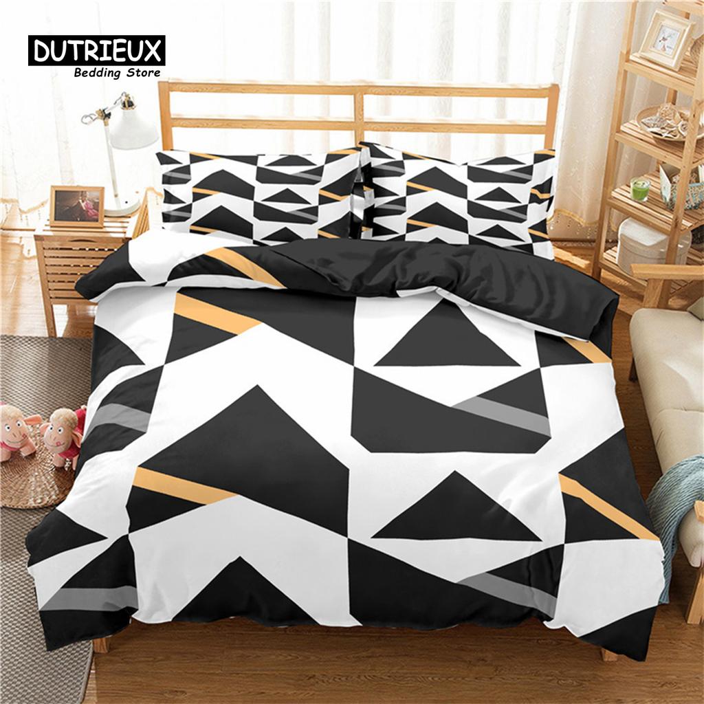 Modern Pink Geometric Bedding Set Soft Microfiber Black Marble Triangles Print Duvet Cover King With Pillowcases Bedroom Decor