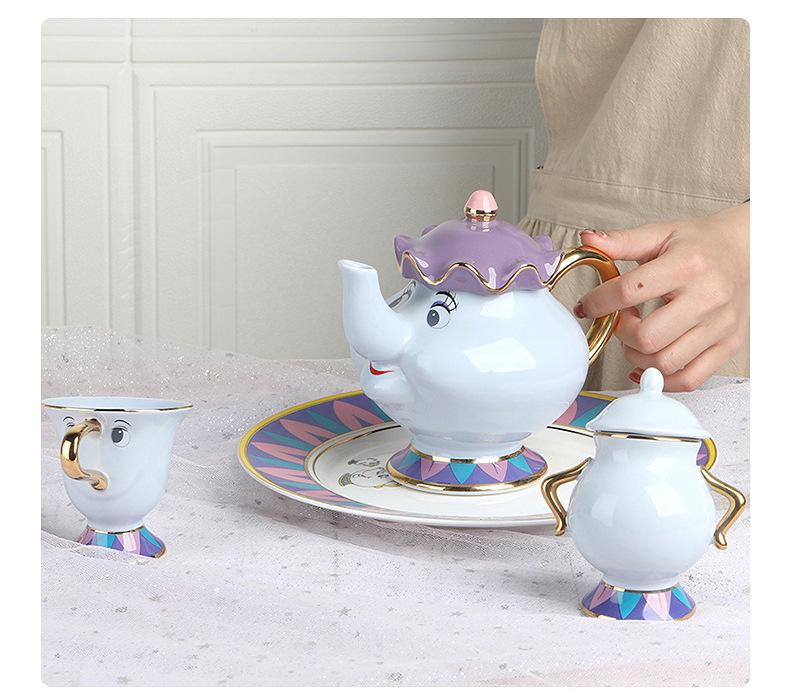 European Beauty and the Beast Ceramic Tea Set: Mrs. Potts Teapot and Chip Mug, Large Capacity.