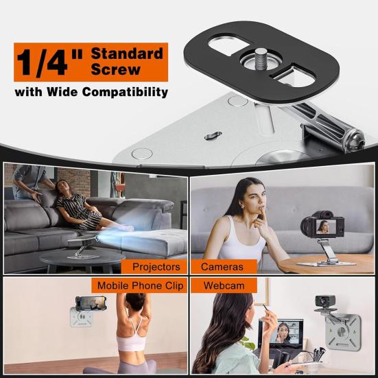 Aluminum Alloy Projector Stand 360-Degree Rotating Height Adjustable Heavy Duty 3-in-1 Projector Holder Desk Wall Ceiling Mount with 1/4-Inch Thread