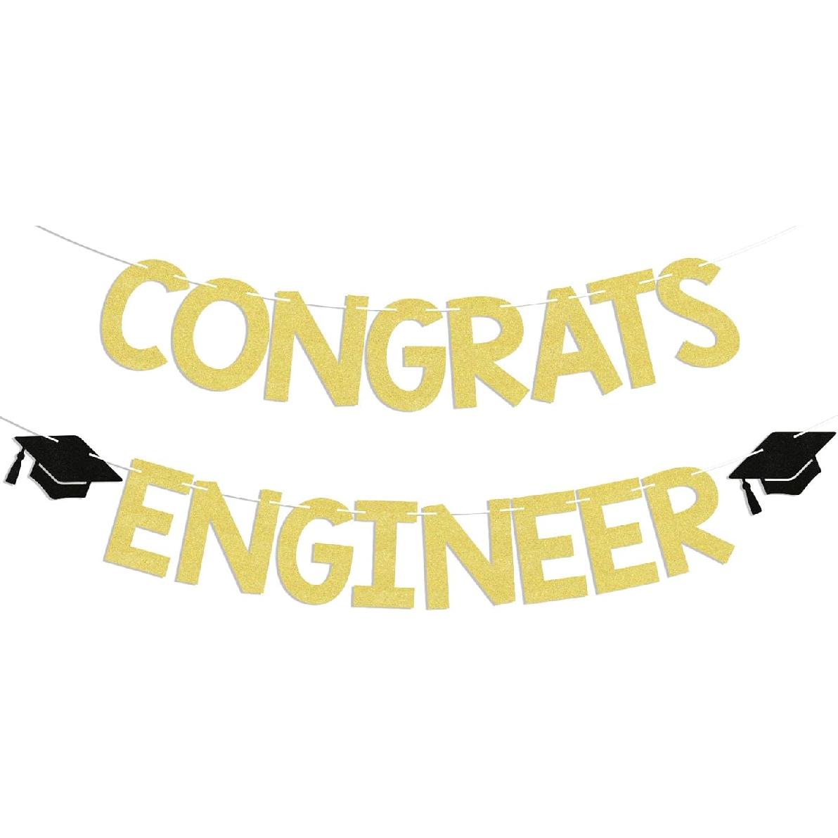 Congrats Engineer Banner - Future Engineer Sign, Congrats Engineer Grad Decor, 2025 Engineer Degree Graduation Party Decorations Gold Glitter