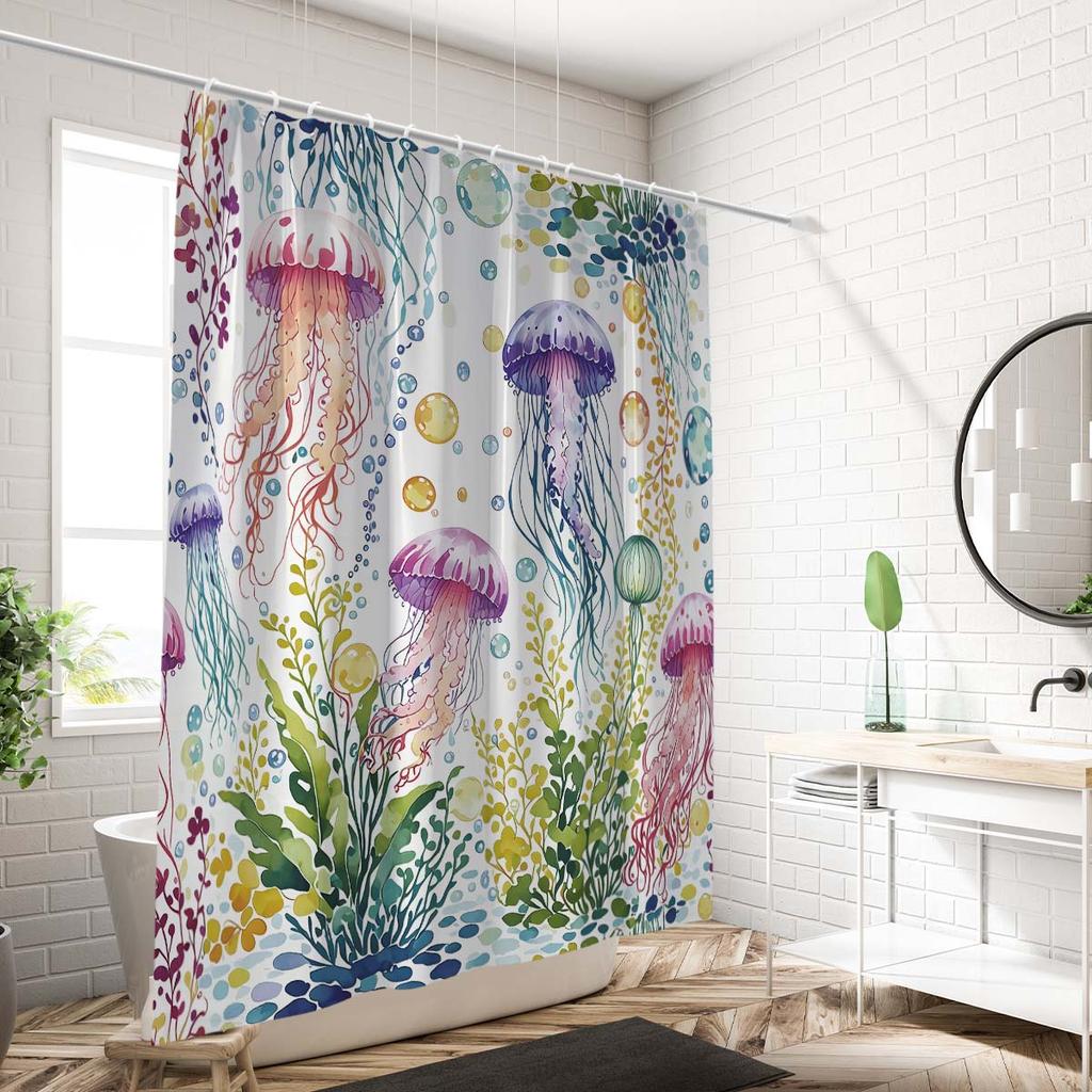 1PC Jellyfish pattern printed shower curtain, waterproof, with 12 hooks, bathroom showers, bathtub, fashionable home use