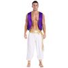 Mens Arabian Prince Costume Set Sleeveless Braided Trimming Open Front Waistcoat Elastic Waistband Patchwork Pants