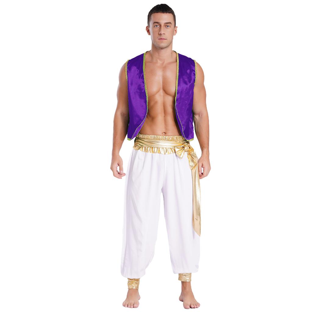Mens Arabian Prince Costume Set Sleeveless Braided Trimming Open Front Waistcoat Elastic Waistband Patchwork Pants