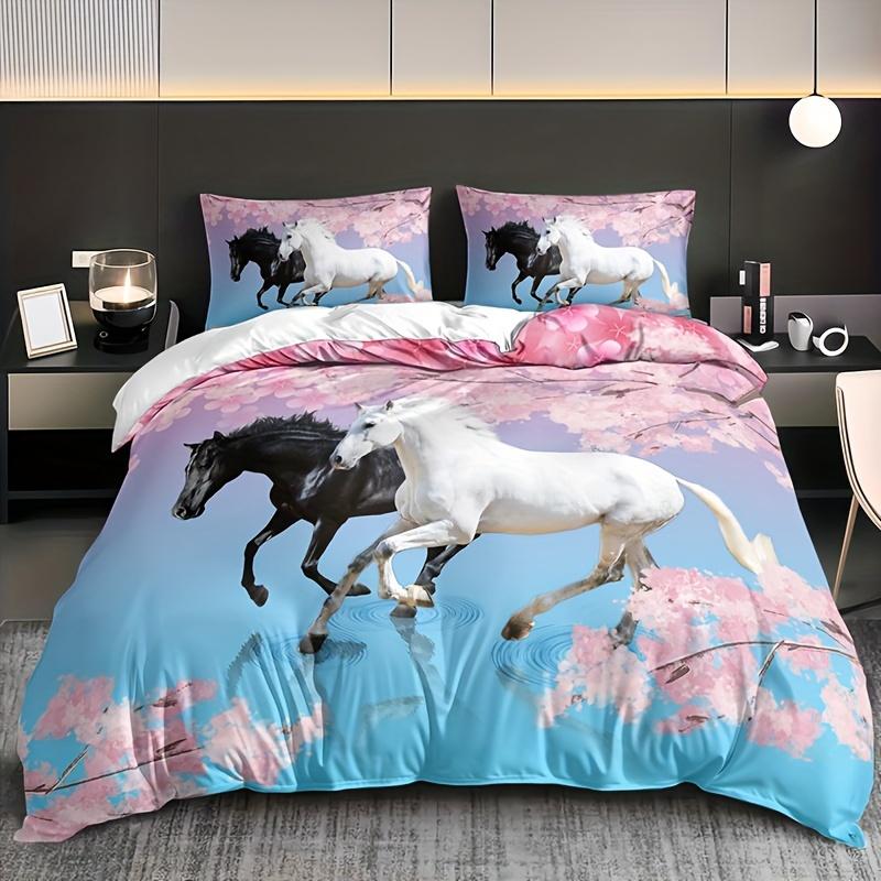 3pcs 3D Horse Floral Duvet Cover Set - Includes 1 Duvet Cover And 2 Pillowcases (No Core) High Definition Print Home