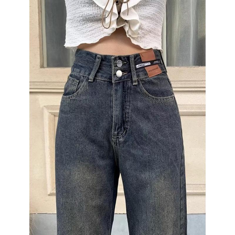 Women s Cement Grey High-Waisted Wide-Leg Jeans - Petite Plus Size, Autumn/Winter, Loose Fit with Slimming Narrow Straight Leg 2XL