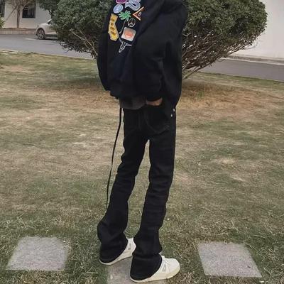 Men's Trendy Black Flared Ribbon Jeans - Slim, Elastic, High Street Style.