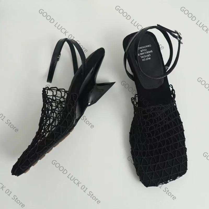 Fashion Weave Mesh Women Heeled Sandals Hollow High Heels Shoes Woman Square Toe Slingback 2025 Summer Trend Beach Pumps Sandalias Mujer