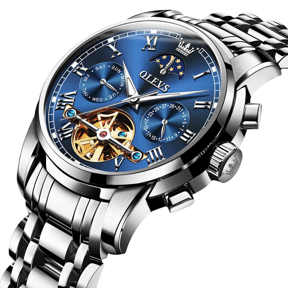 OLEVS Men's Mechanical Automatic Moon Phase Skeleton Watch Waterproof