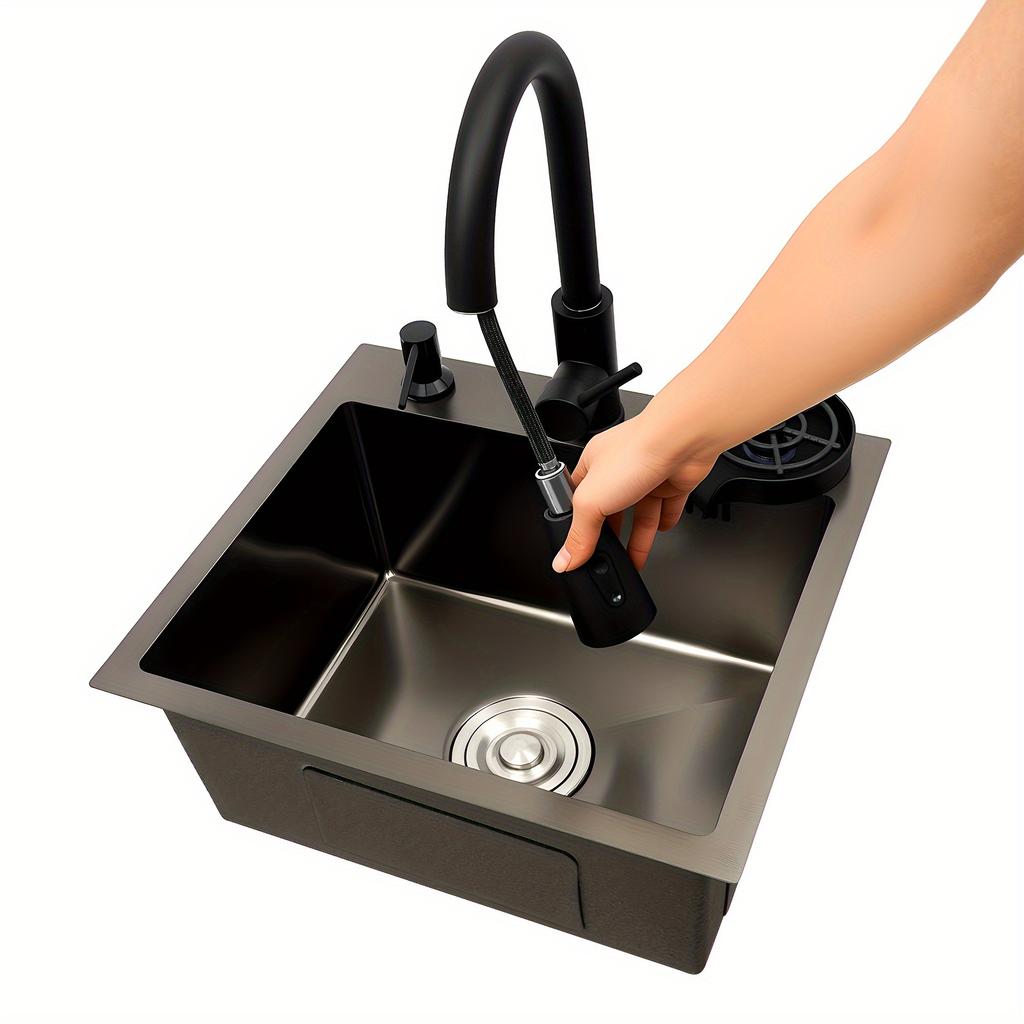 Multi-Functional 201 Stainless Steel Kitchen Sink – Pull-Out Faucet, Cup Rinser, Drain Basket & Soap Dispenser Included – Gun-Grey – 45 X 40 Cm