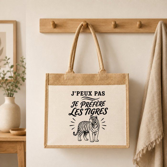 Cabas en jute - PLANETEE - J'peux pas minimaliste - Toile de jute & coton - 21 L - Illustration trait noir